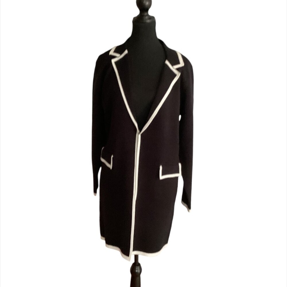 SIONI NWT Women's 3/4 Length Cardigan MED Black/Cream, Pockets, Academia